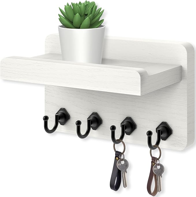 Nekon Key Holder Wall Mount, 8.5 Inch Small Home Decor Wooden Wall Organizer with 4 Hooks and Shelf, Key and Mail Holder for 