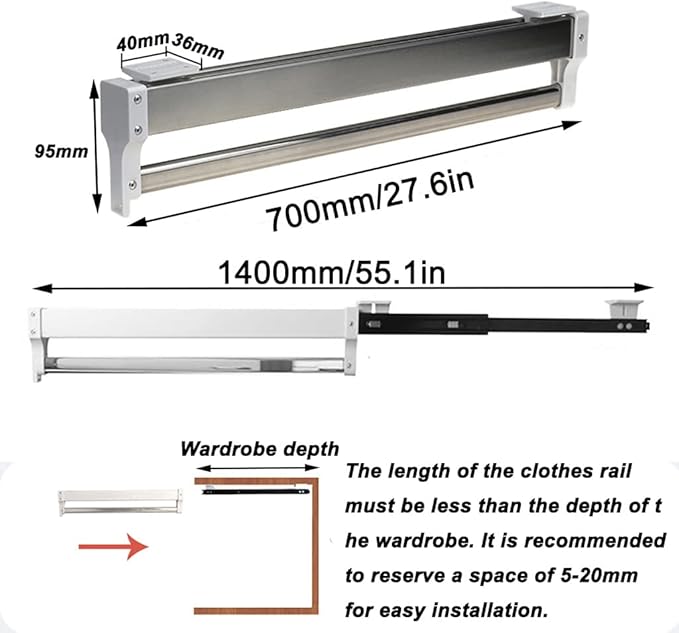Clothes Rail, Extendable Steel Closet Rod for Pants and Clothing Storage, Adjustable Hanger Rail, Space Saving Design,700mm