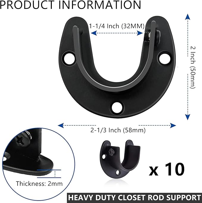 RHBLME 10PCS Stainless Steel Closet Rod Brackets Black, 1-1/4 Inch Diameter U-Shaped Closet Rod Holders, Heavy Duty Closet Ro