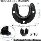 RHBLME 10PCS Stainless Steel Closet Rod Brackets Black, 1-1/4 Inch Diameter U-Shaped Closet Rod Holders, Heavy Duty Closet Ro