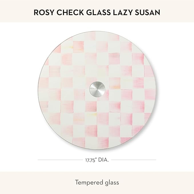 MACKENZIE-CHILDS Glass Lazy Susan, Cute Rotating Serving Board, Pink-and-White Rosy Check