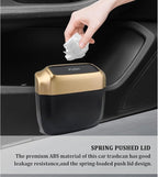 2PCS Car Trash Can with Lid + 60PCS Garbage Bag,Mini Trash Can Car Interior Accessories,Multifunctional ABS Car Organizers and Storage (Gold)
