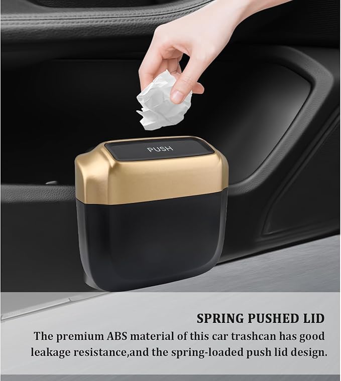 2PCS Car Trash Can with Lid + 60PCS Garbage Bag,Mini Trash Can Car Interior Accessories,Multifunctional ABS Car Organizers and Storage (Gold)