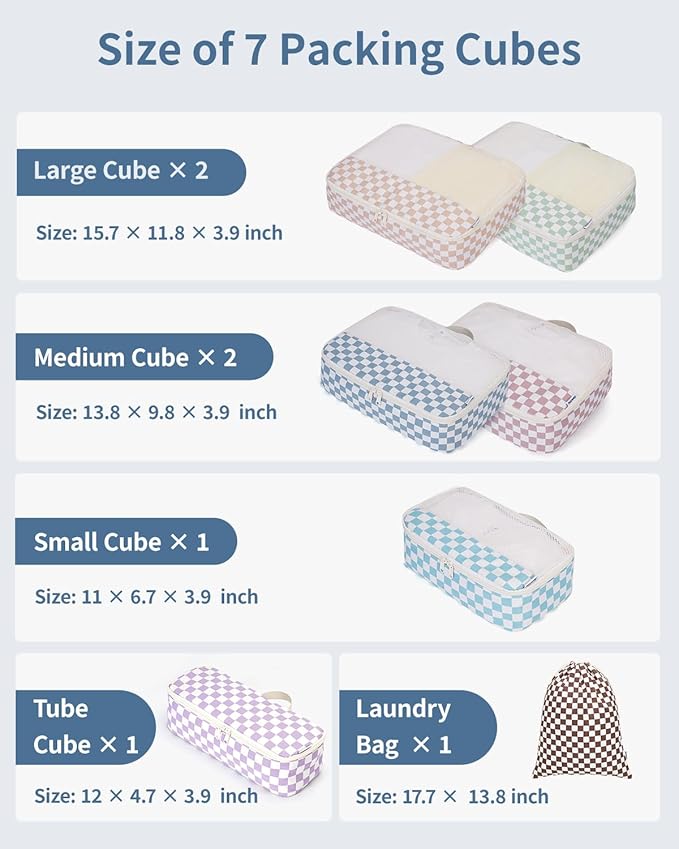 Narwey 7 Set Checkered Packing Cubes for Travel Kids Women, Durable Packing Organizer Bags for Carry on Suitcase Luggage Trav