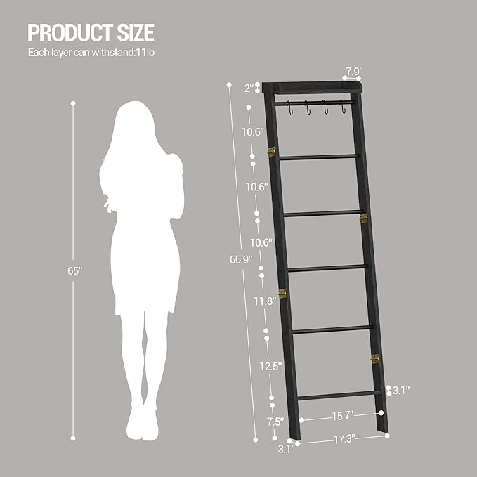 Hzuaneri Blanket Ladder Shelf, Decorative Quilt Rack, 7-Tier Farmhouse Ladder Holder Organizer with 4 Removable Hooks 7.9" D 