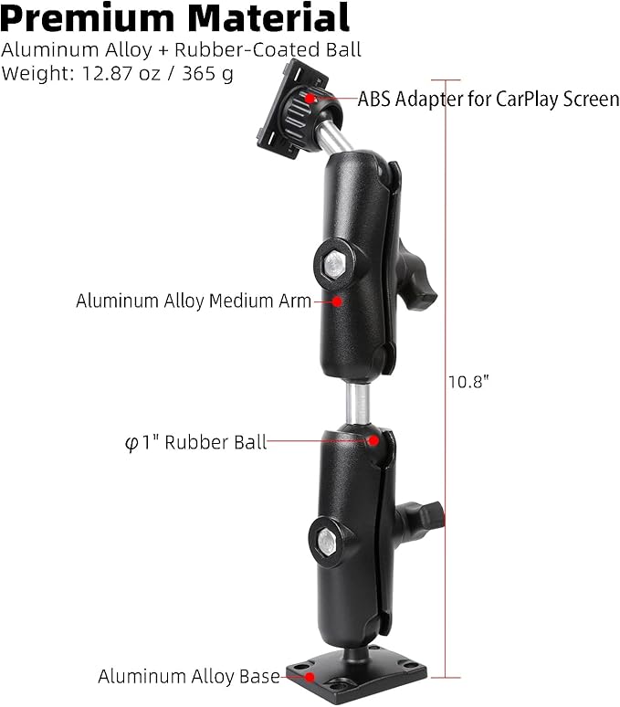 Extended Dual Arm Car Mount for CarPlay Screen - Aluminum Alloy Arm & AMPS Square Plate Base, Drill CarPlay Mount for Truck Vehicle