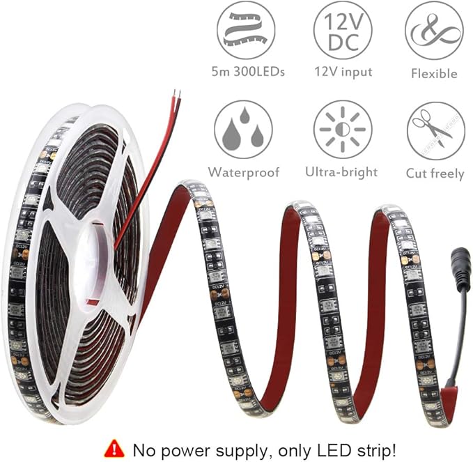 ALITOVE Blue LED Light Strip 32.8ft Waterproof IP65 10M 600 LEDs 60 LEDs/M 5050 SMD Black PCB DC 12V with Enhanced 3M VHB Foam Tape for Home Garden Decoration Lighting, 2X 16.4ft, No Power Supply