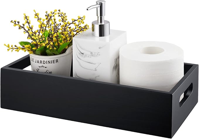 ALELION Black Bathroom Basket - Wooden Toilet Tank Paper Basket with Handle for Organizing - Back of Toilet Storage Organizer