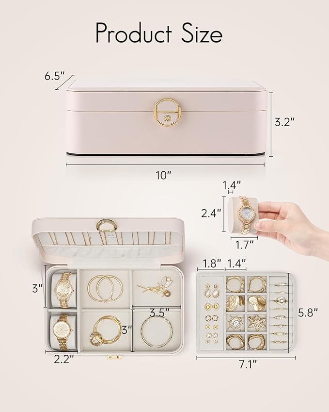 Vlando 2 Layer Jewelry Box,Jewelry Organizer Storage Lockable Earring Organizer Removable Jewelry Tray with Watch Pillow for 