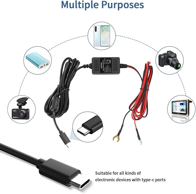 Upgraded Dash Cam Hardwire Kit, Type-C USB Hard Wire Kit 12V-24V to 5V Hardwire Kit with Low Voltage Protection 13ft Dash Cam Charger Power Cord for Dashcam GPS Power Supply Radar Detectors and More