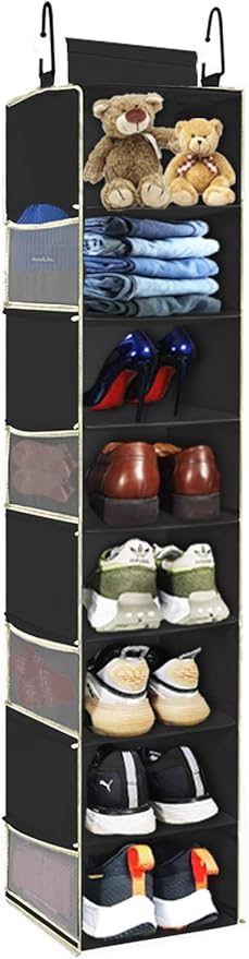 Large-Sized Hanging Shoe Organizer 8-Shelf, Hanging Closet Organizer with 8 Side Pockets, Wider Hanging Shelves for Storage S