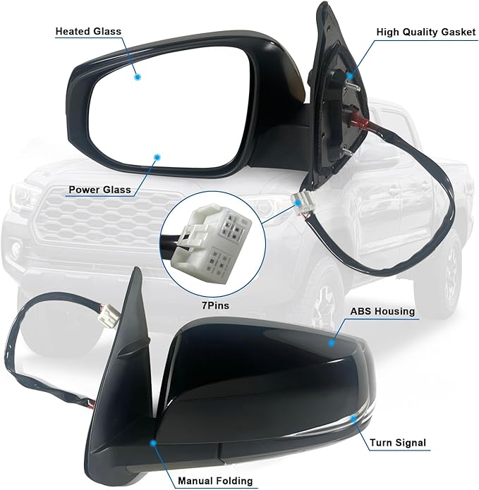 Left Driver side Mirror Fits 2016-2022 Toyota Tacoma With Power Glass, Heated, Turn Signal丨Without Blind Spot Detection Match to Midnight Black Metallic Replace TO1320349 (7Pins)