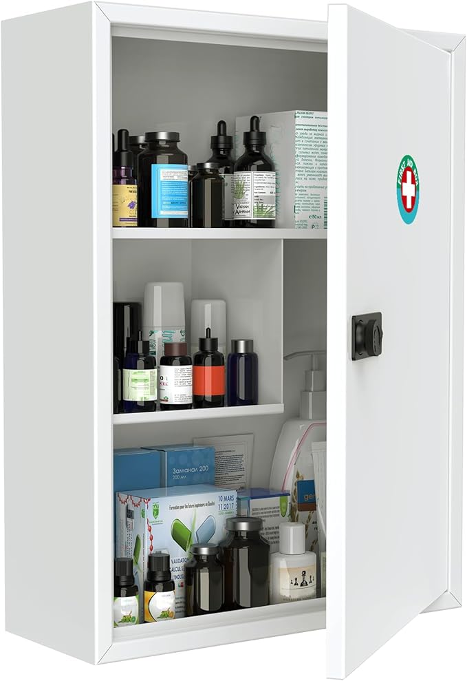 Uniclife Wall Mount Medicine Cabinet with Combination Lock, Locking First Aid Cabinet, Lockable Medical Cabinet, Large Capaci