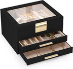 3-Layer Jewelry Box for Women, Jewelry Organizer with Glass Lid and Drawers, Jewelry Organizers and Storage for Necklaces, Ri