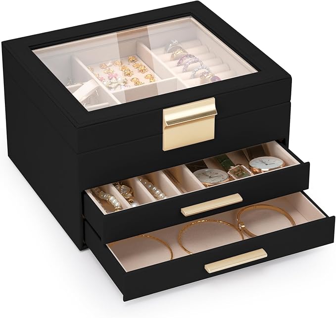 3-Layer Jewelry Box for Women, Jewelry Organizer with Glass Lid and Drawers, Jewelry Organizers and Storage for Necklaces, Ri