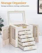 TORIBIO Large Jewelry Box for Women, Leather Jewelry Organizer with Mirror & Lock, 6-Tier Jewelry Storage Case for Girls/Wome