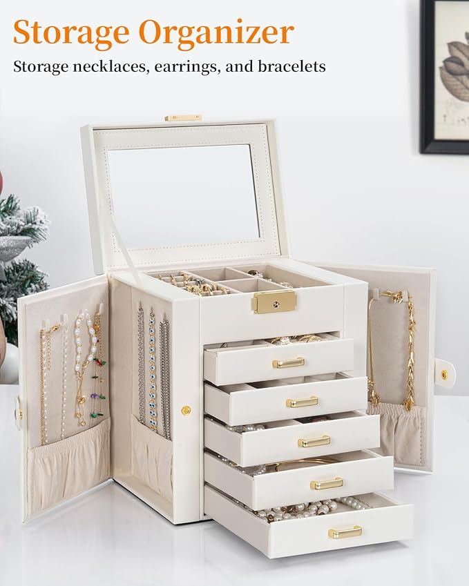 TORIBIO Large Jewelry Box for Women, Leather Jewelry Organizer with Mirror & Lock, 6-Tier Jewelry Storage Case for Girls/Wome