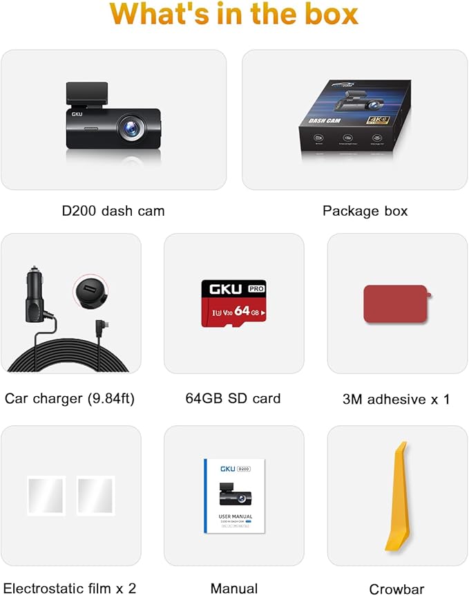 GKU 4K Dash Cam Front, Mini DashCam Includes 64GB Card, Dash Camera Built-in WiFi, 24H Parking Monitor,Night Vision,WDR,170° 
