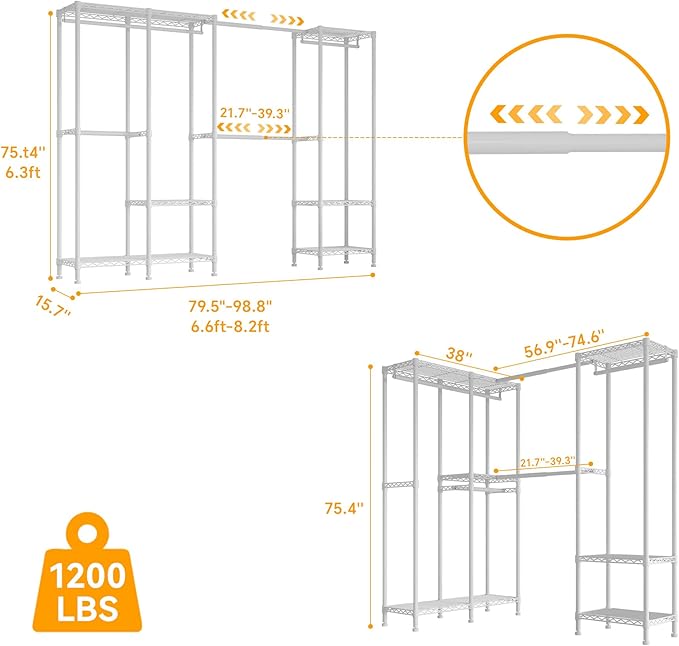 Higeego H7 Pro Heavy Duty Clothes Rack Large Garment Rack for Hanging Clothes, Freestanding Wardrobe Closet with Expandable H