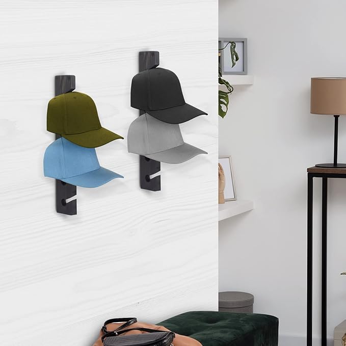 Hat Rack for Wall Baseball Cap Organizer Hanger (2 Pack) Modern Wooden Hat Holder Wall-Mounted Caps Display for Closet Door B