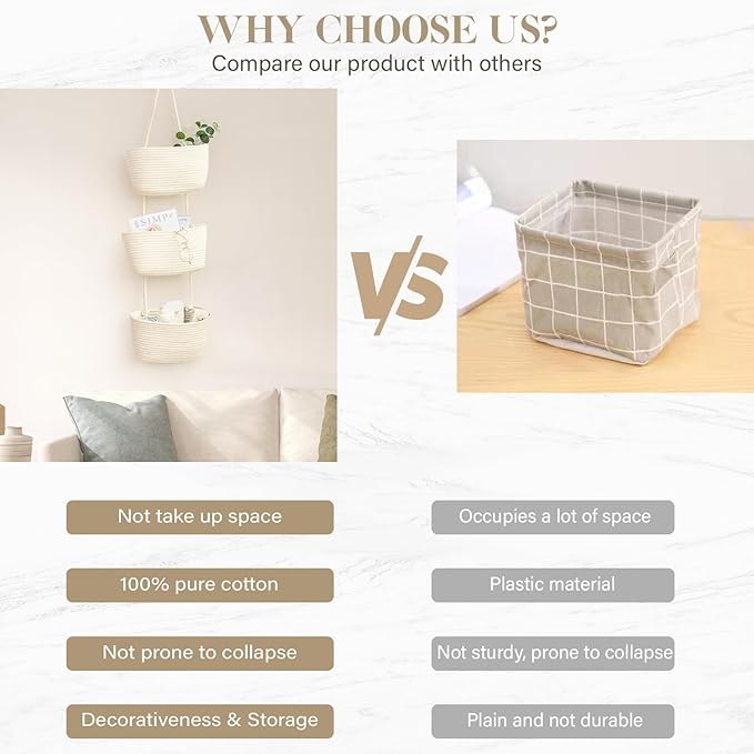 TeoKJ Over the Door Hanging Basket, 3-Tier Woven Cotton Wall-Mounted Storage Organizer Bag Decorative Hanging Nursery Baskets