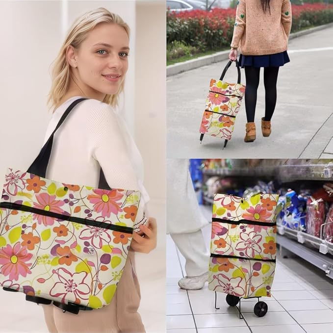 Collapsible Shopping Grocery Bag with Wheels Rolling Tote Bag with Wheels Large Reusable Shopping Bags Foldable Cart(Rich Flower,Large)