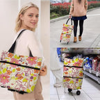 Collapsible Shopping Grocery Bag with Wheels Rolling Tote Bag with Wheels Large Reusable Shopping Bags Foldable Cart(Rich Flower,Large)