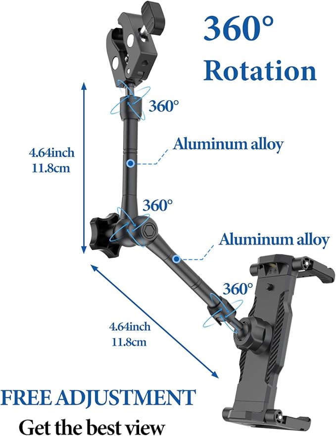 Rearview Mirror Tablet Holder- Metal Long Arm 360° Rotation and Folding, Rear View Mirror Tablet Holder, Fit Thick Cases (Deep Max 1.18'') for iPad Pro Air Mini, Galaxy Tab, iPhone, 6-15.6'' Devices