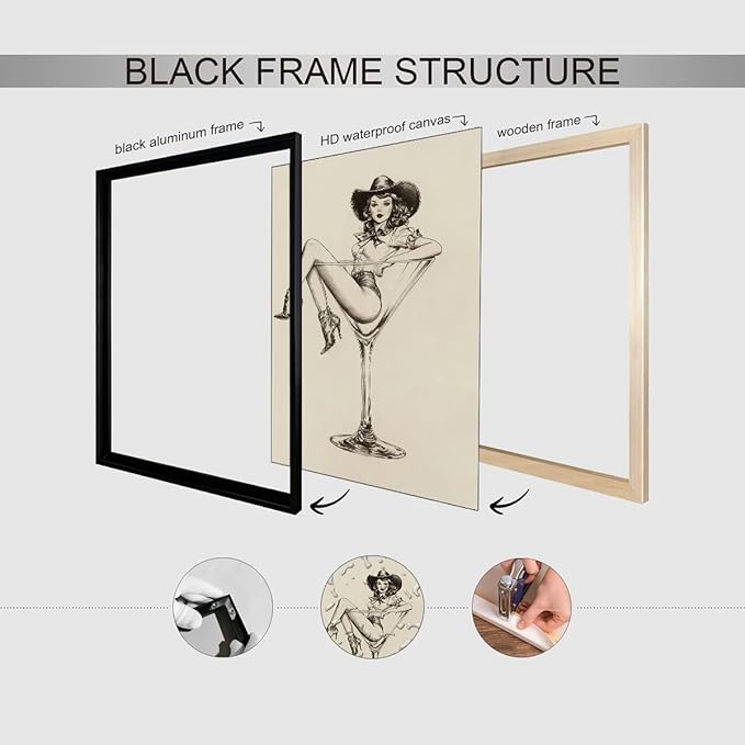 Vintage Western Black Framed Wall Art Coquette Cowgirl Martini Posters Prints 11x14 in Retro Bar Cart Cocktail Artwork Aesthe