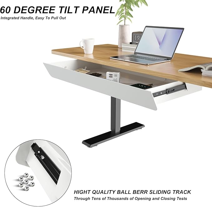 White Large Under Desk Mounted Sliding Drawer with 2 Cable Hole and 60 Degree Tilt Panel to Pull Out, 22.4'' Long & 9.2'' dee
