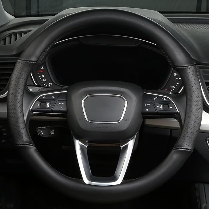 Cxtiy Genuine Leather Steering Wheel Cover with Ventilation Holes Luxury Cowhide,Breathable and Anti-Slip,14.5-15 inch(Black)