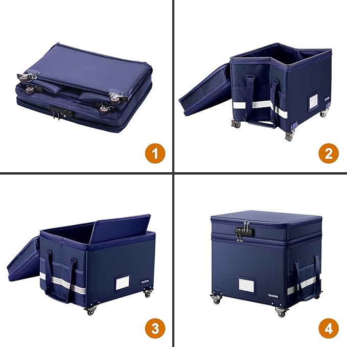 DocSafe File Box with Lock, 2-Layer Fireproof Document Box with Wheels,Collapsible File Storage Organizer with Pockets,Large 
