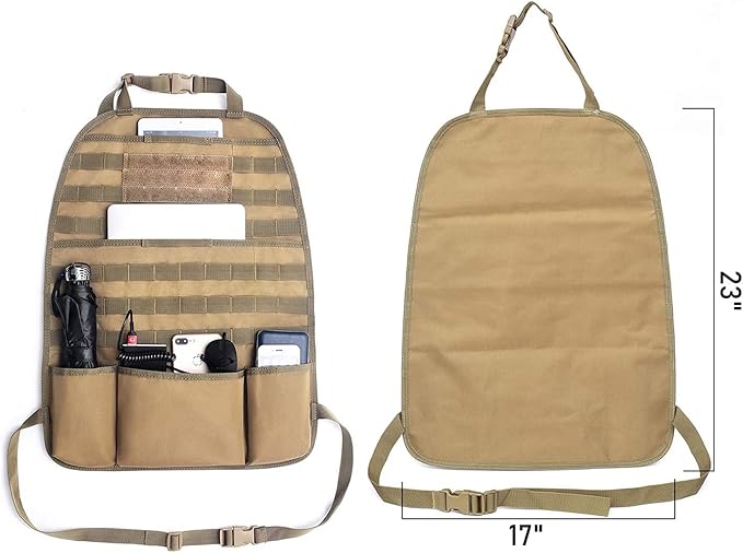 Car Seat Back Organizer, Tactical Molle Nylon Vehicle Panel Universal Fit Car Backseat Cover Protector (Olny Tan molle seat organizer)