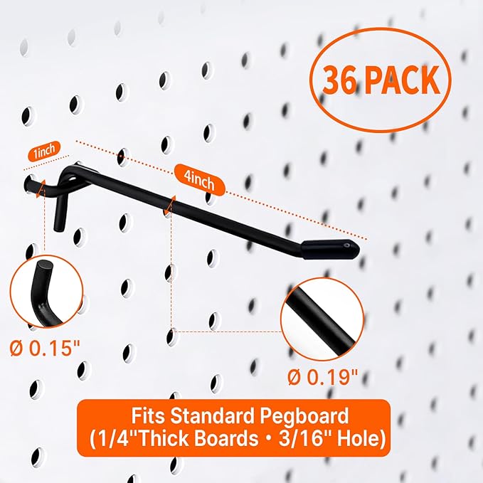 4 Inch Black Pegboard Hooks, 36 Pack– Heavy Duty Tool Hangers Compatible with 1/4″ Thick Pegboards (Fits Standard 3/16″ Holes