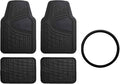 FH GROUP Car Seat Covers Premium Tall Channel Rubber Trimmable Floor Mats w. FH3001 Snake Pattern Silicone Steering Wheel Cover- Universal Fit for Trucks, SUVs, and Vans (Solid Black) F11311
