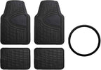 FH GROUP Car Seat Covers Premium Tall Channel Rubber Trimmable Floor Mats w. FH3001 Snake Pattern Silicone Steering Wheel Cover- Universal Fit for Trucks, SUVs, and Vans (Solid Black) F11311