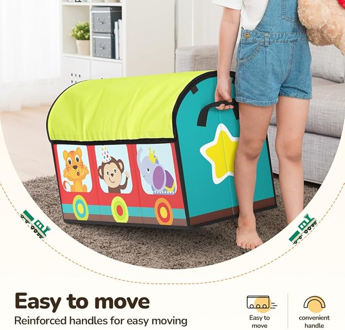 YOHOOLYO Toy Storage Organizer for Kids, 28.3x12.6x17.3 Large Sturdy Flip-Top Toy Box with Fabric Lid & Handles, Cute Train D