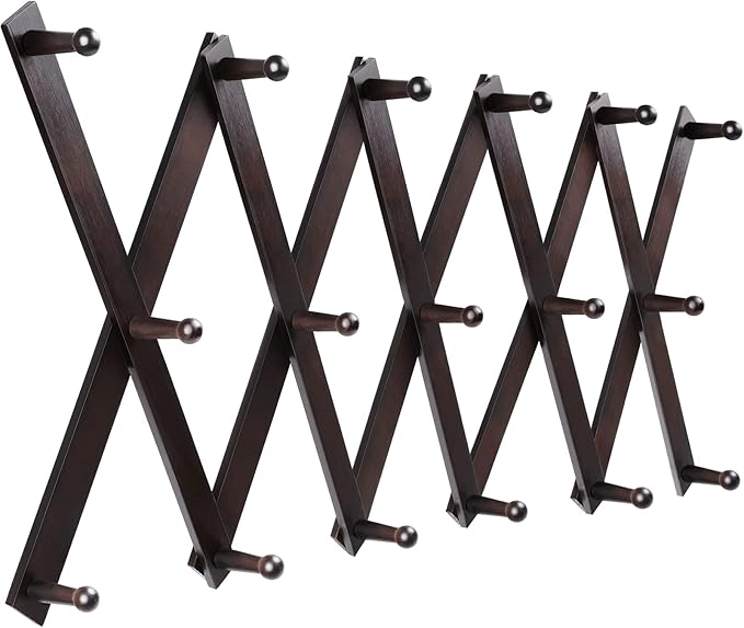 Homode Accordion Wall Hanger, Hat Hangers Wall Mounted, Wood Accordian Coat Rack with 17 Hooks, Expandable Peg Rack Wall Orga