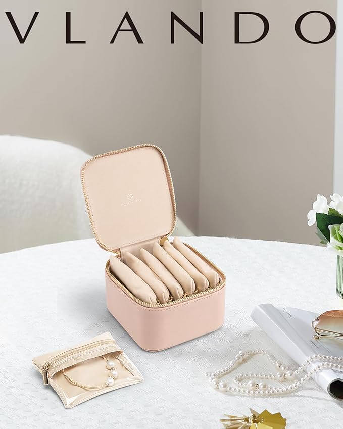 Vlando Small Jewelry Box Organizer,Travel Jewelry Storage with 6 Velvet Jewelry Zipper Pockets,Travel Jewelry Case Birthday G