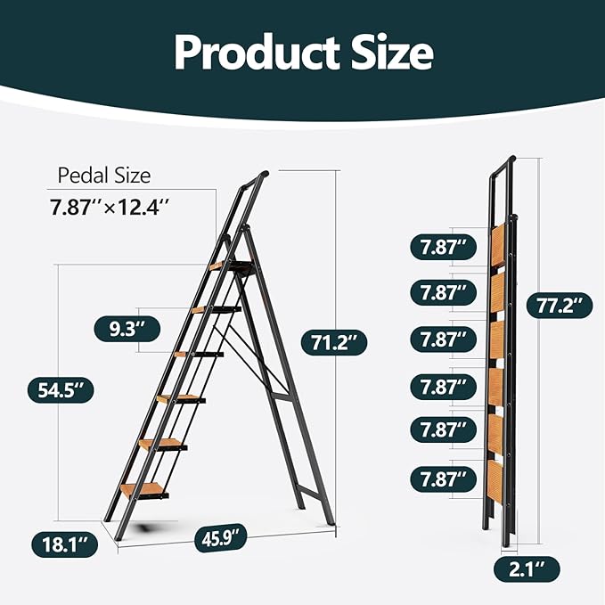 WOA WOA Step Ladder 6 Step Folding, Foldable Tall Ladder with Handrail, Aluminum Stepladder for High Ceilings, Lightweight, D