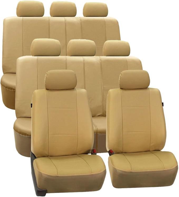 FH Group Three Row Car Seat Covers Deluxe Leatherette with 8 Seater, Airbag Compatible and Rear Split – Universal Fit for Car