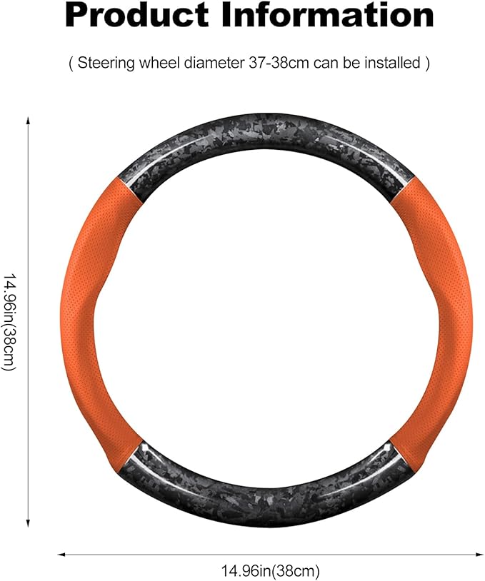 Ergocar Car Steering Wheel Sleeve, Round Forged Carbon Fiber and Leather Material Steering Wheel Sleeve, 37-38cm/14.5-15inch, Non-Slip, Soft, Breathable, Sports Style