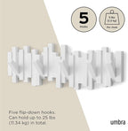 Umbra Sticks Wall-Mounted Coat Rack Rail Hook with 5 Retractable Pegs – Modern, Space-Saving Storage Organizer, White