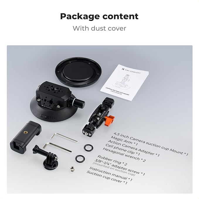 K&F CONCEPT 4.5" Suction Cup Camera Mount with Magic Arm, ARRI Style 1/4" 3/8" Threads, Quick Release Car Mount Compatible with Gopro DJI Insta360 for DSLR Action Camera Phone Video Shooting
