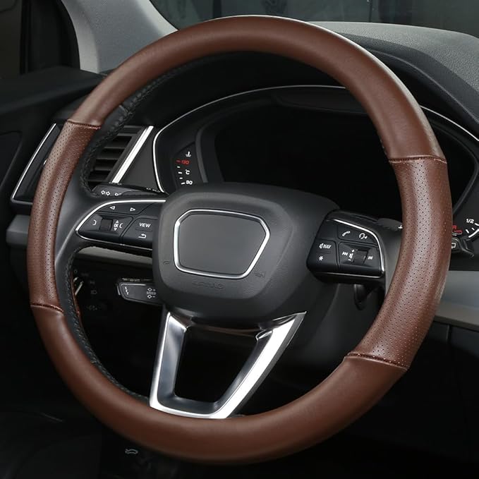 Cxtiy Genuine Leather Steering Wheel Cover with Ventilation Holes Luxury Cowhide,Breathable and Anti-Slip,14.5-15 inch(Brown)