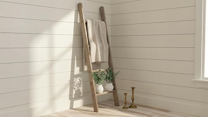 Rustic Revival | Barnwood Display Ladder – Farmhouse Decorative Ladder Made from Authentic Weathered Wood – Real Wood Leaning