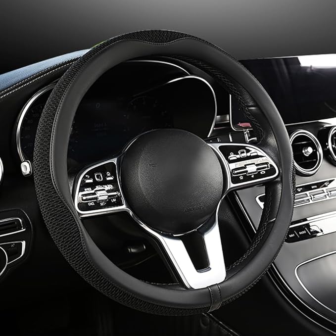 LKWLIKEI Car Steering Wheel Cover, Universal 15 inch, The Latest Microfiber Leather Breathable Technology Fabric, Non-Slip, C