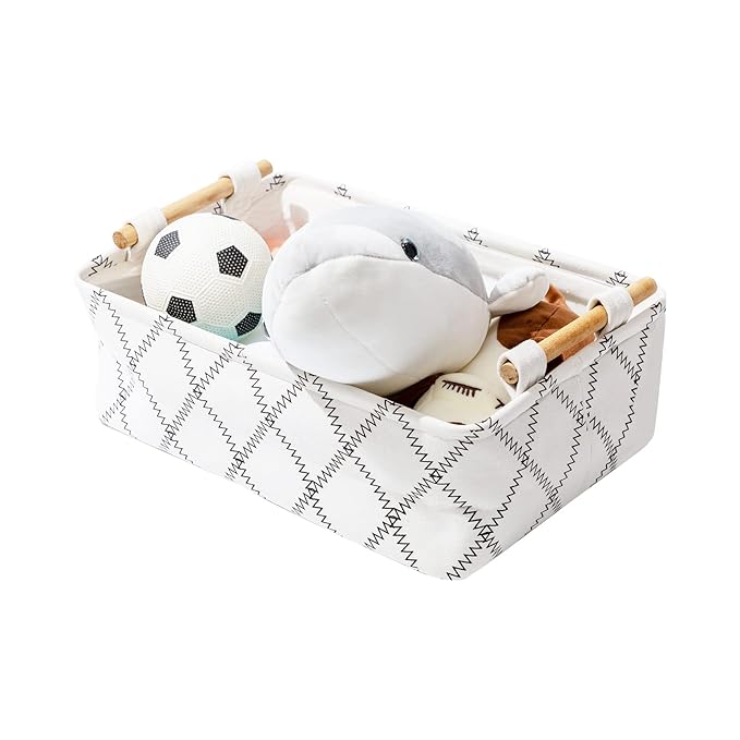 Decorative Collapsible Rectangular Fabric Storage Bin Organizer Basket with Wooden Handles for Clothes Storage,15.4x10.6x5.1 