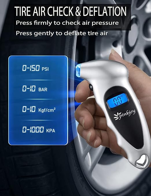 PINKJOY Digital Tire Pressure Gauge 4 Pack 150 PSI, 4 Settings, Tire Gauge for Car, Truck, Motorcycle, Bicycle with Backlit LCD and Non-Slip Grip (Silver)