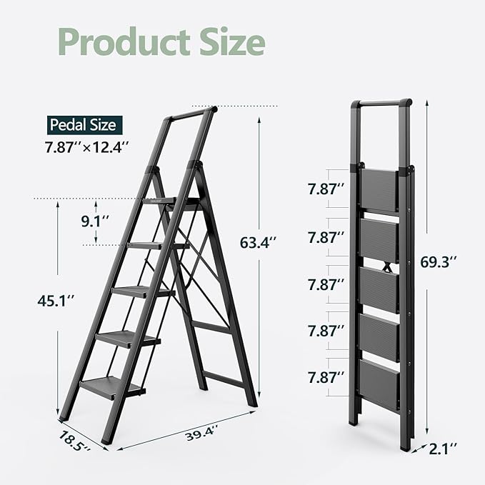 WOA WOA 5 Step Ladder for 10 Feet High Ceiling, Lightweight Foldable Ladder with Non-Slip Wide Pedals, Step Stool with Safe H